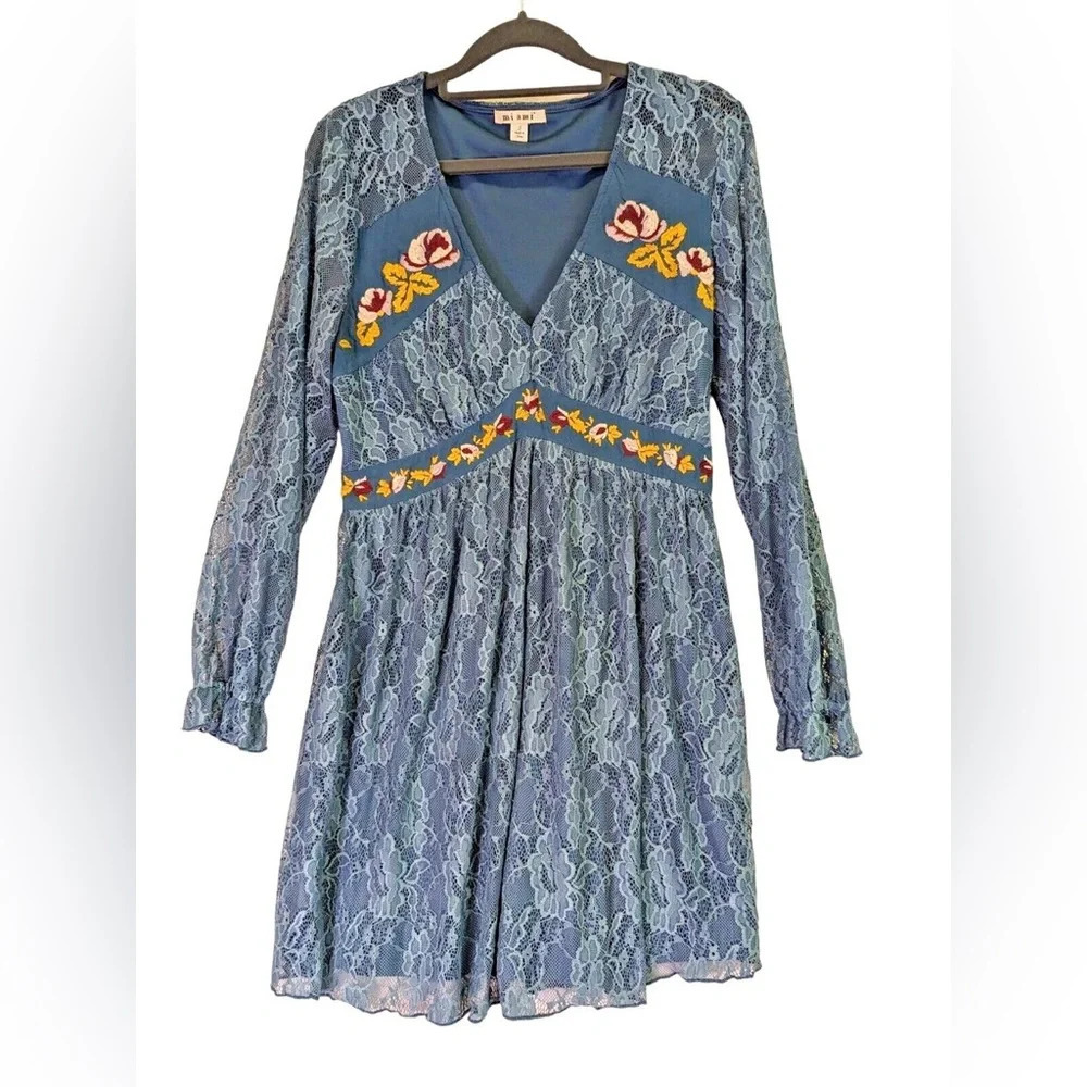 Mi Ami Blue Floral Embroidered Vneck Bohemian Dress